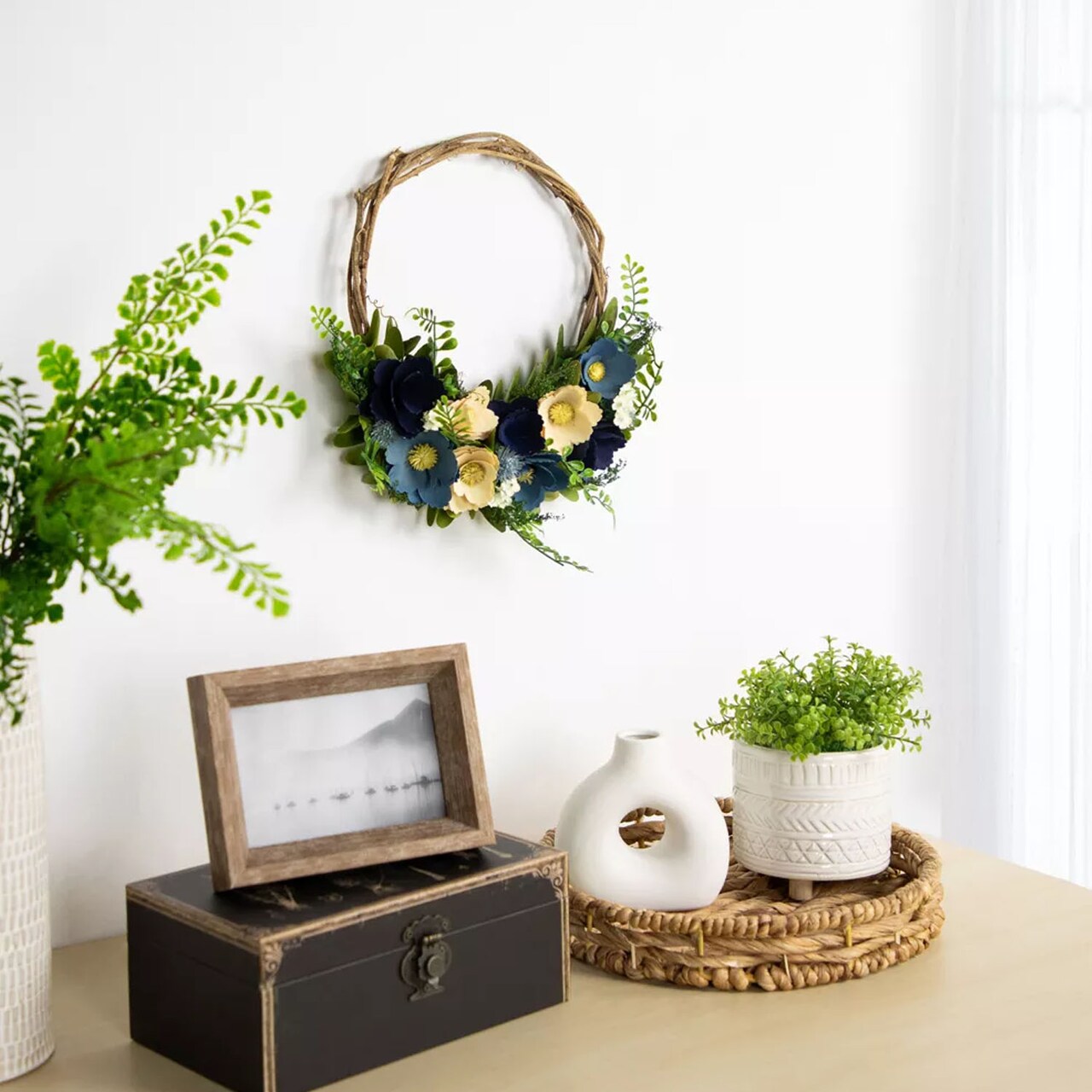 12-Inch Blue and Tan Poppy Floral Wooden Basket Wreath Rustic Spring Wall Decor